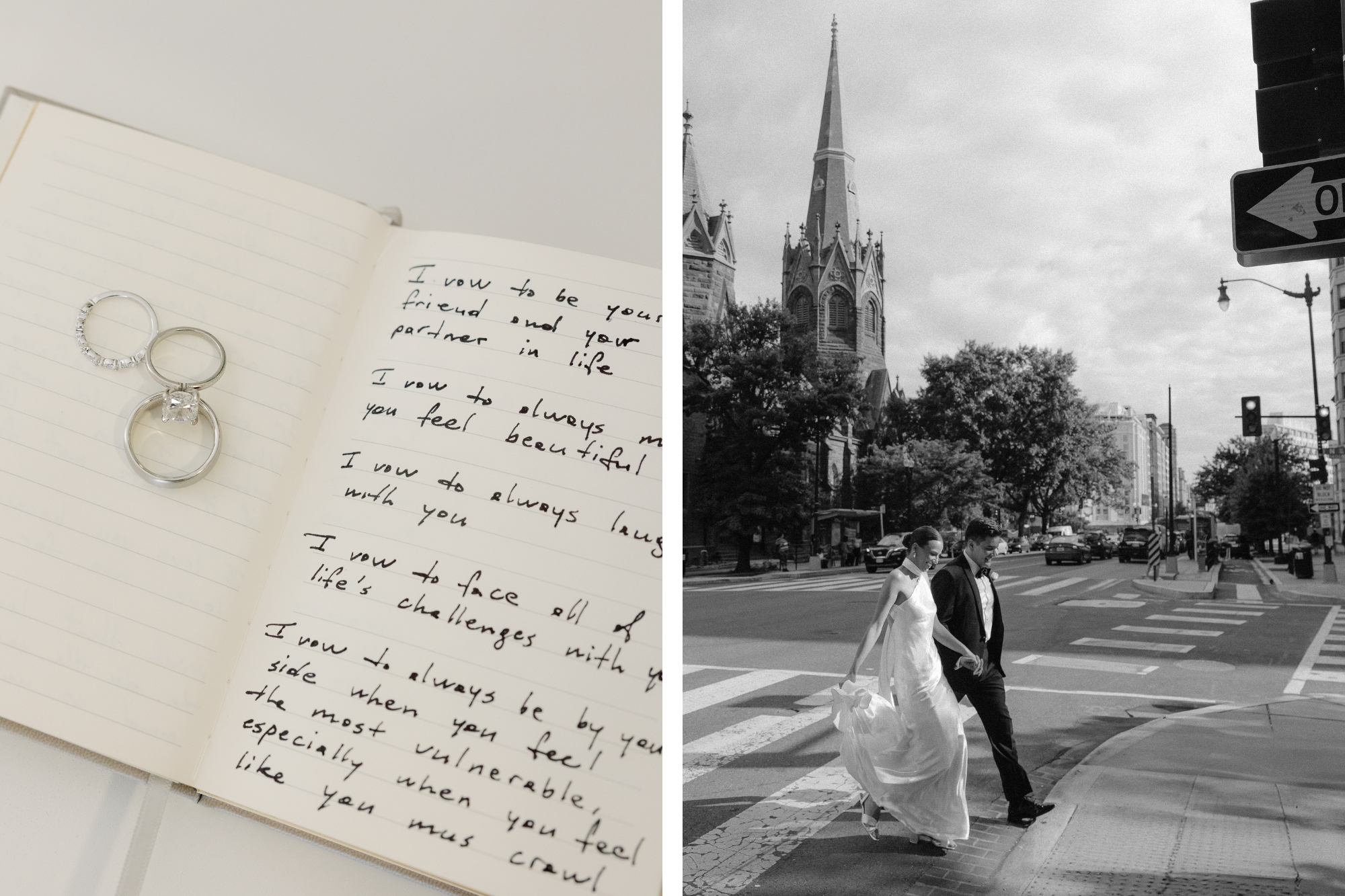 image of hand written vows in a notebook and bride and groom crossing road