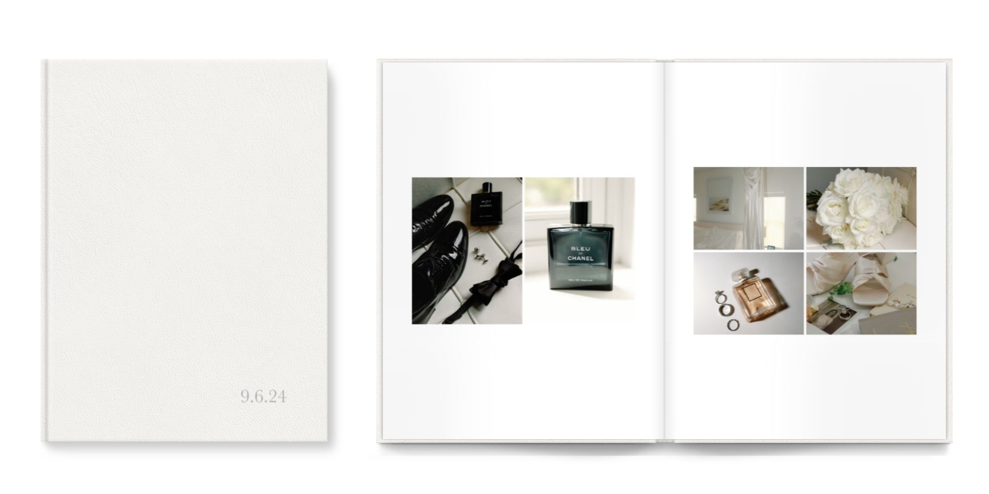 front cover of custom photo book and inside layout with wedding photos