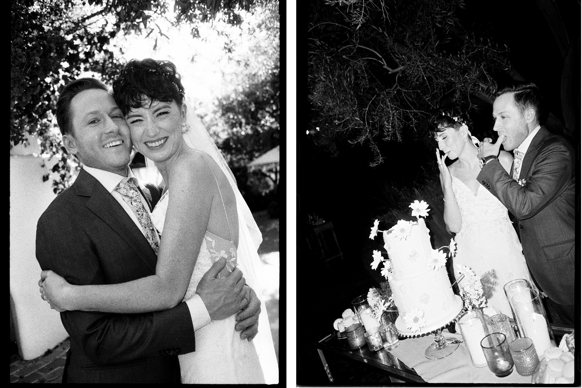 Bride and groom eating the cake and hugging