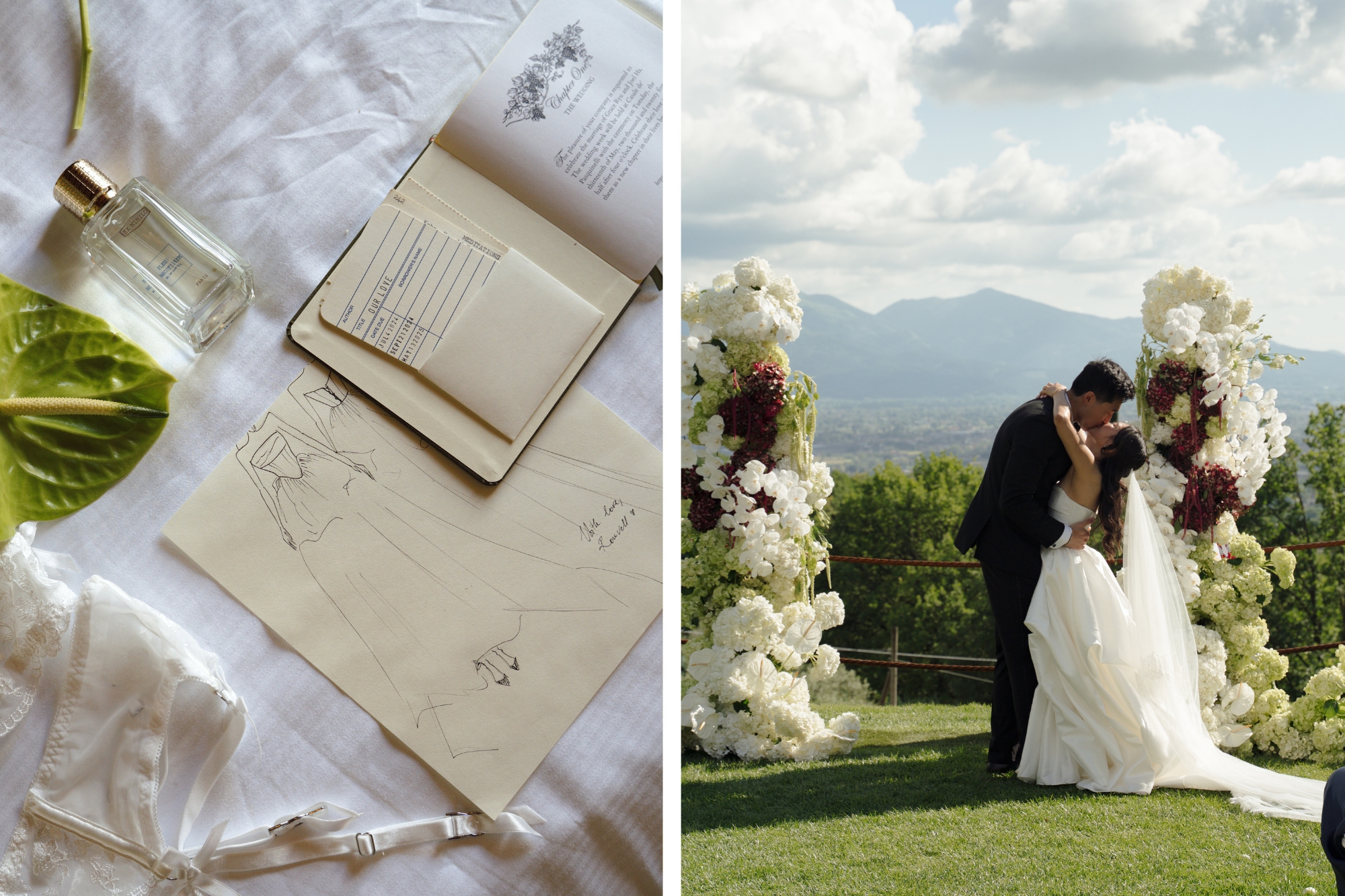 Bride and groom kissing at alter and sketches of the dress