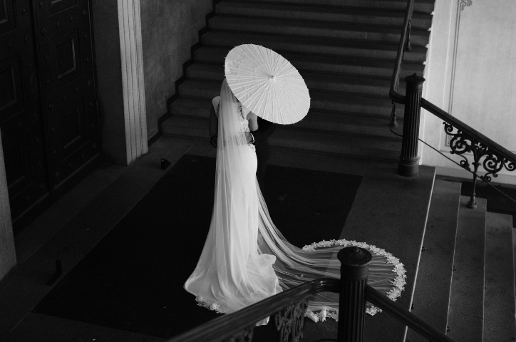 Black and white woman with a umbrella