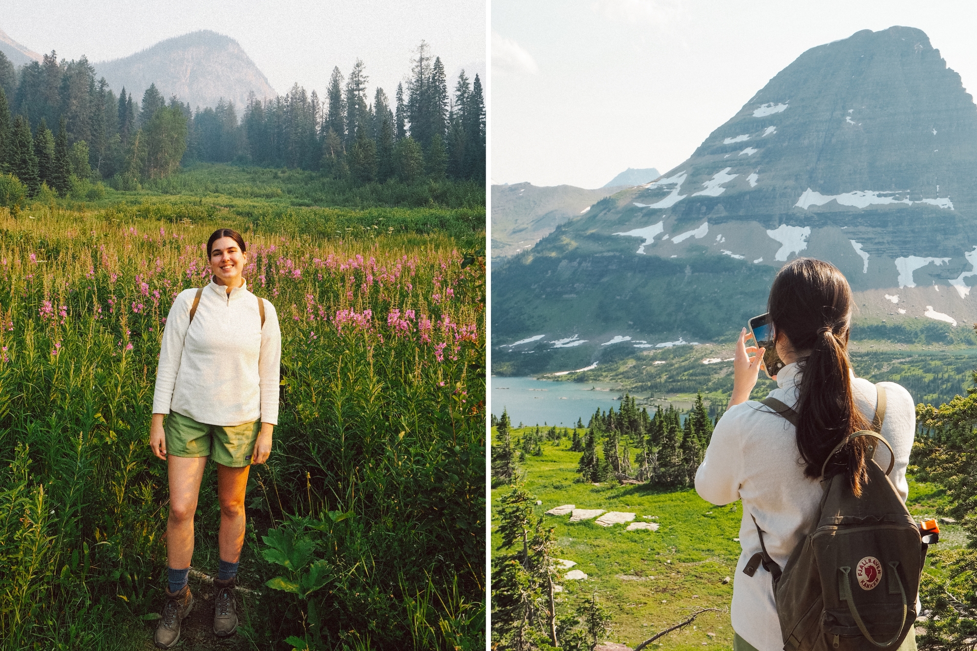 photos of a woman standing in a field of flowers, taking photos of the view
