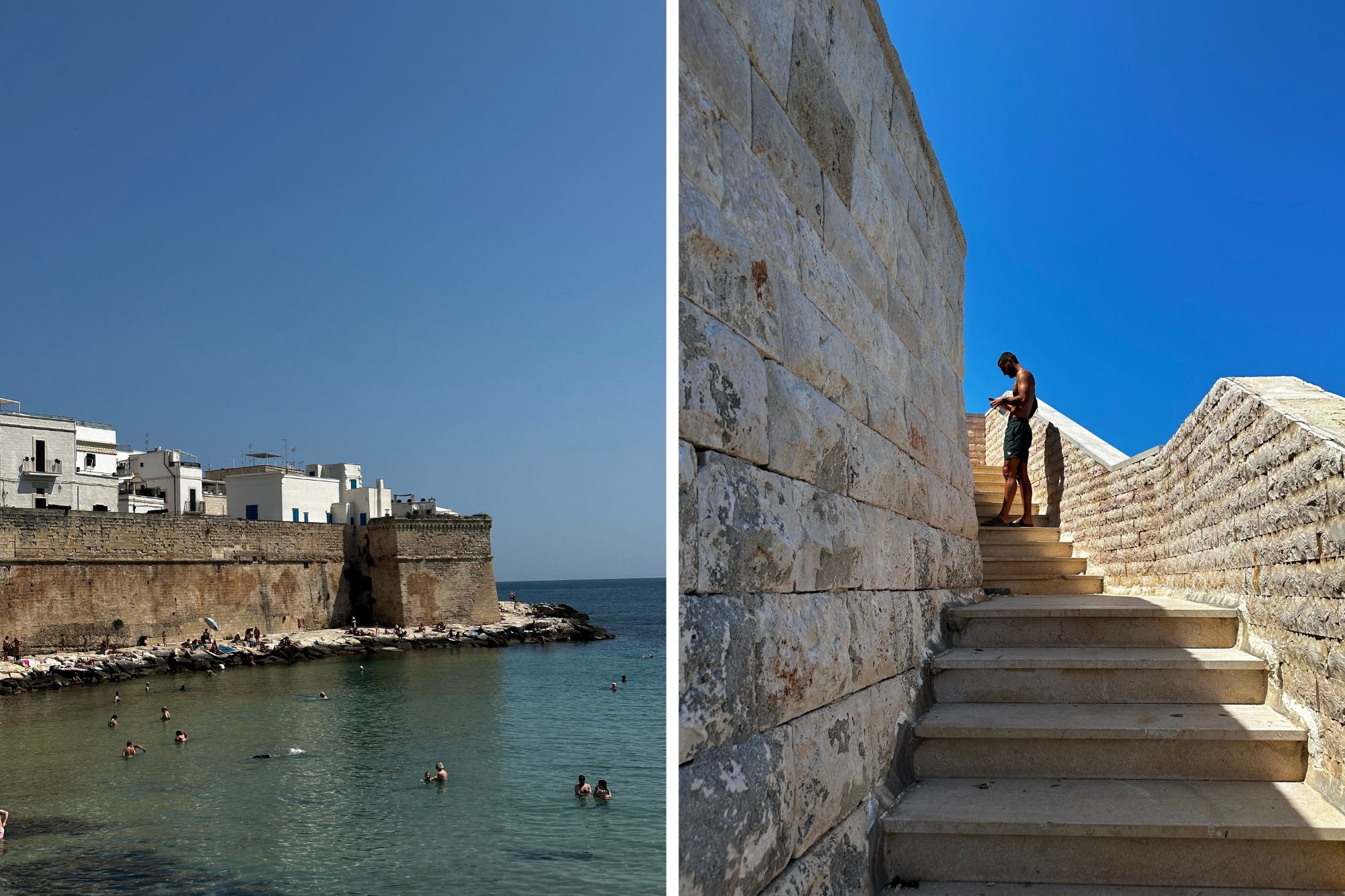 Lake and man walking up stairs posed candidly
