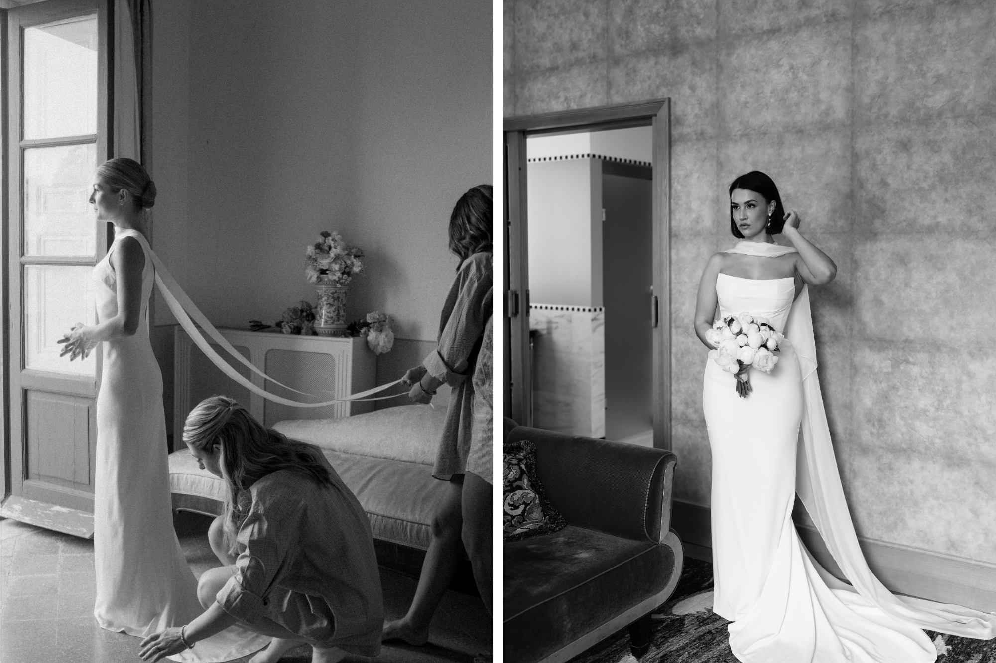 Bride with elegant neck scarf and strapless dress getting ready for ceremony with bridesmaids assisting.
