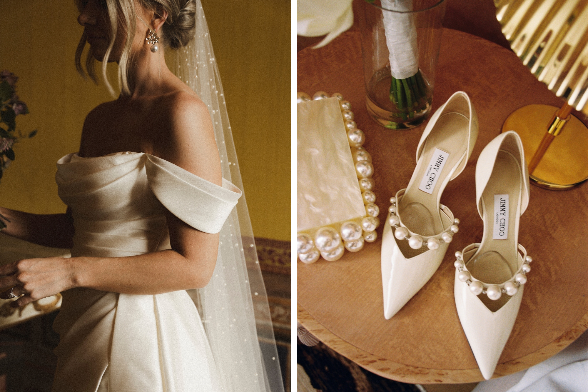 Close up of short sleeves on bride's dress and pearl decorated white pump shoes.