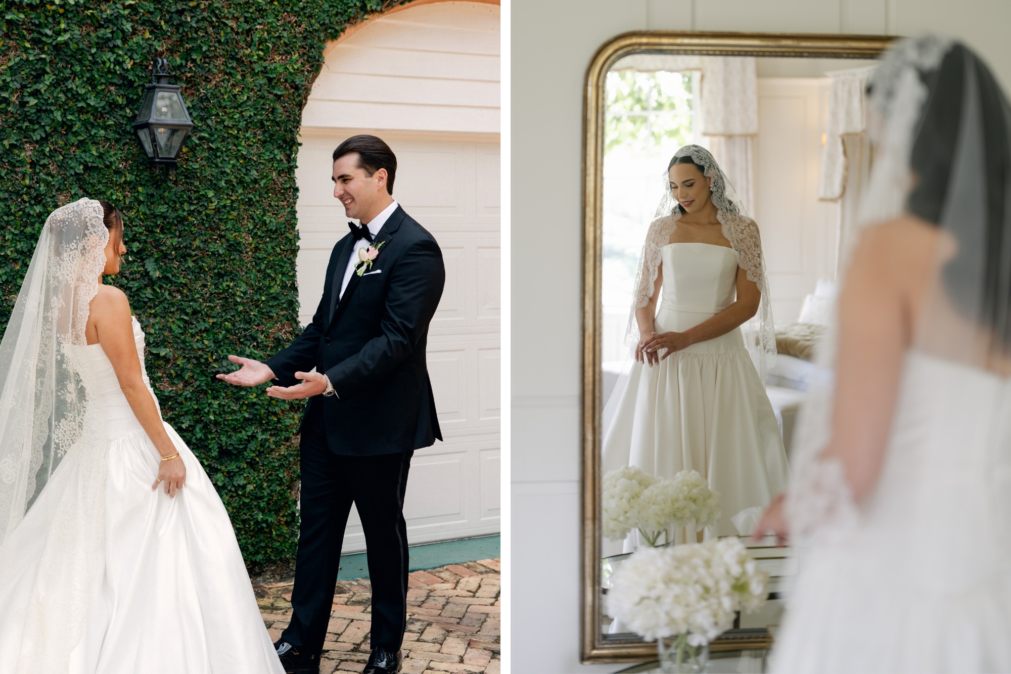 Bride and groom first look with groom smiling at extra long Italian lace veil.