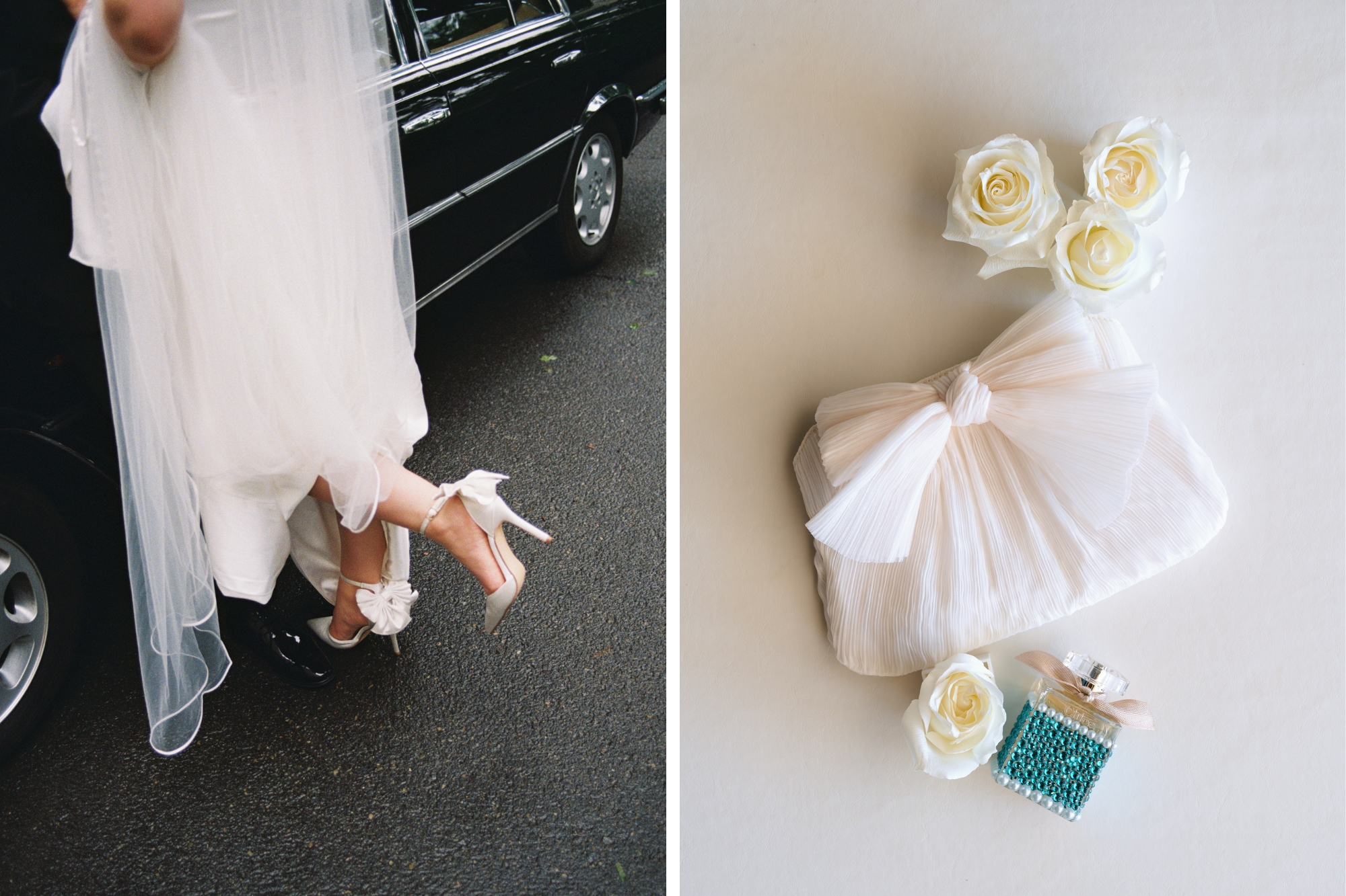 Close up of bow detailing on backs of wedding heels, and plush wedding clutch purse.