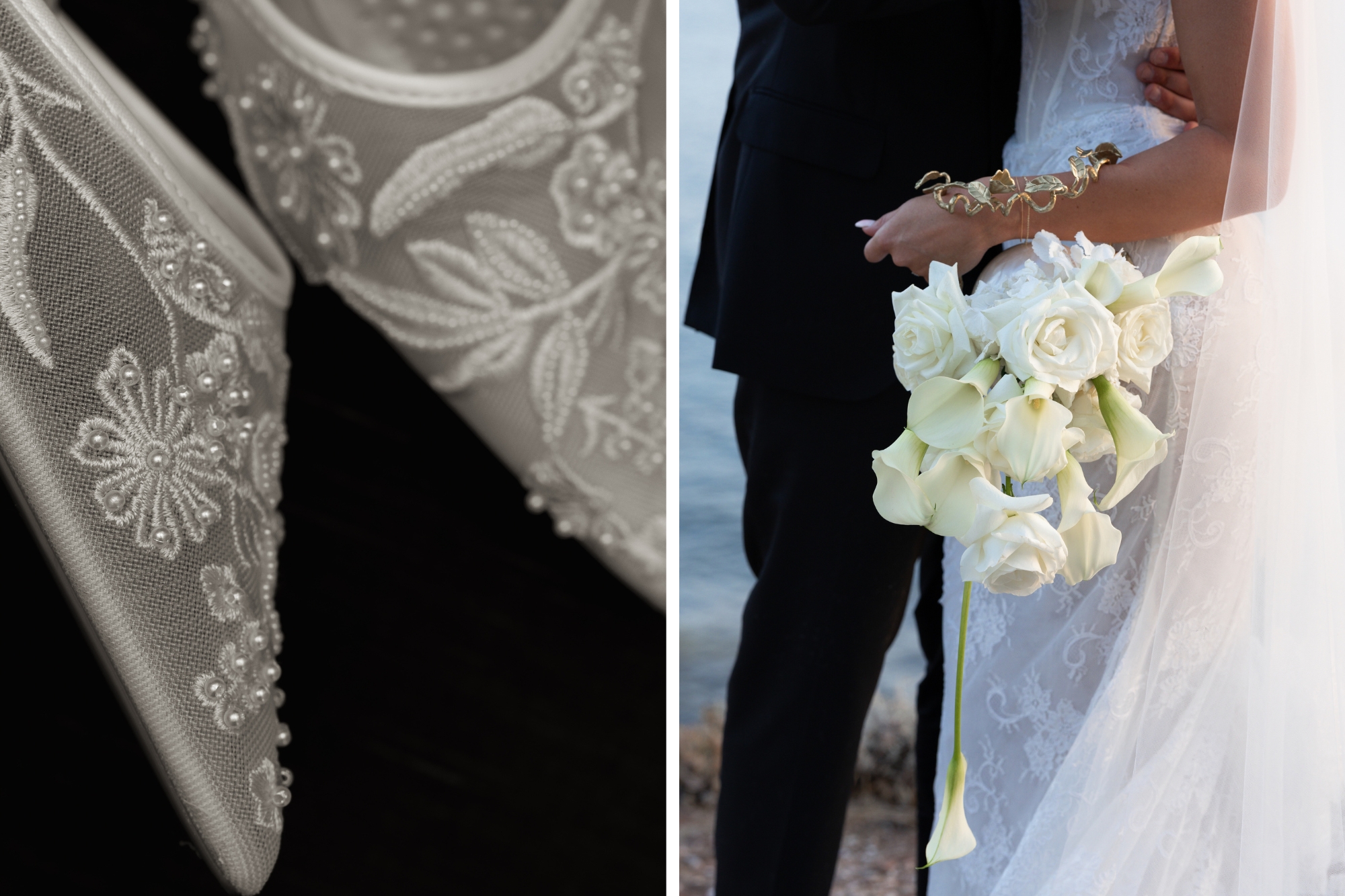 Close up of lace detailing on wedding shoes and floral stems wrapped around armpiece of bridal jewelry.