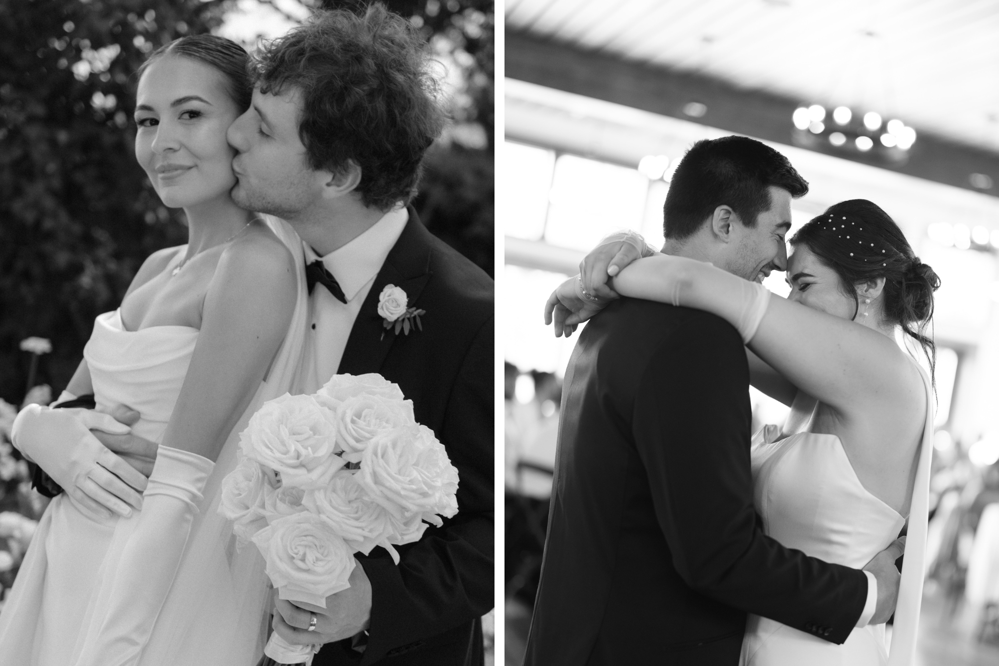 Newlywed couple smiling at each other with close up on bride's long gloves worn.