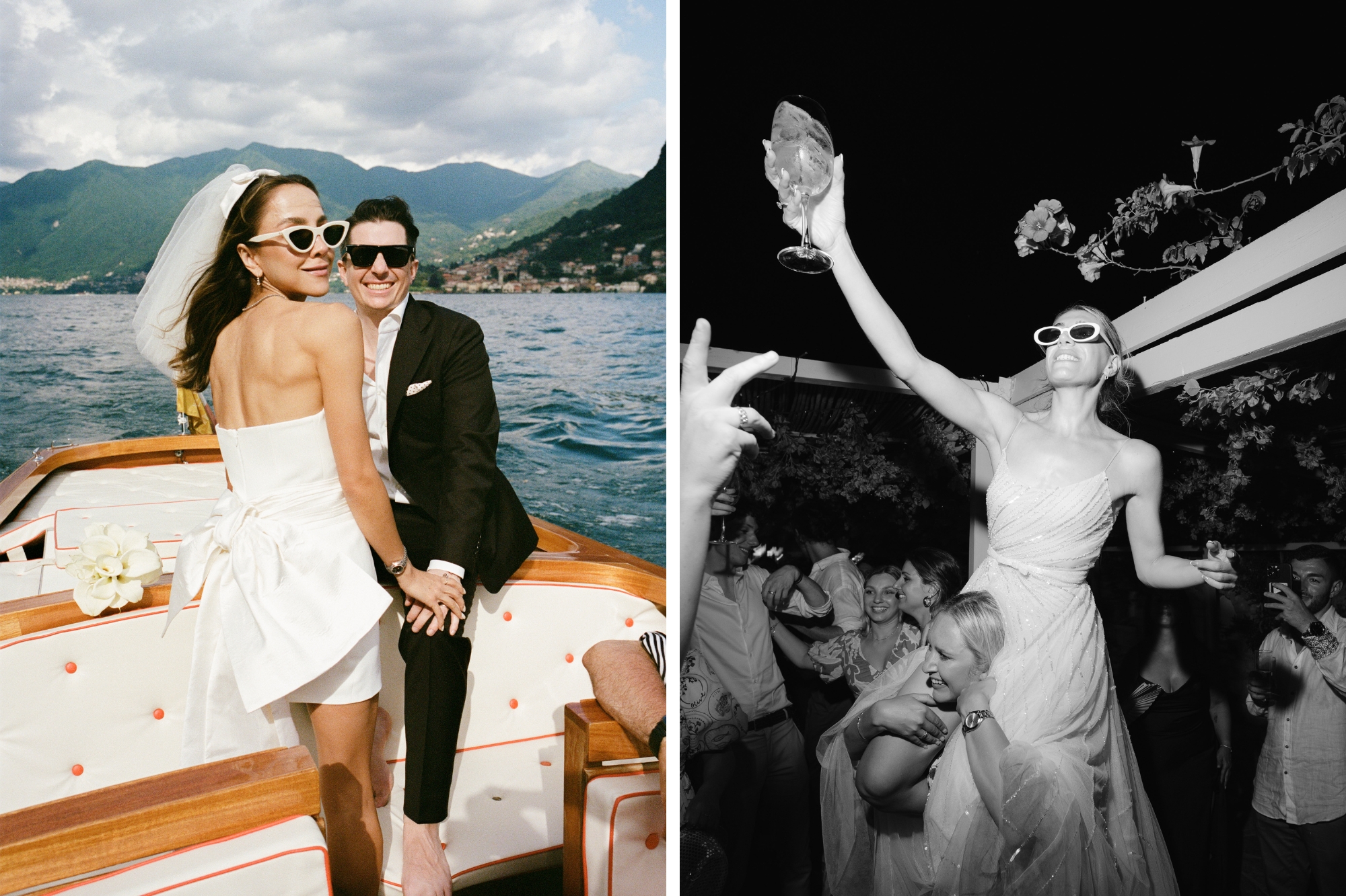 Brides wearing elongated white sunglasses and smiling during wedding receptions.