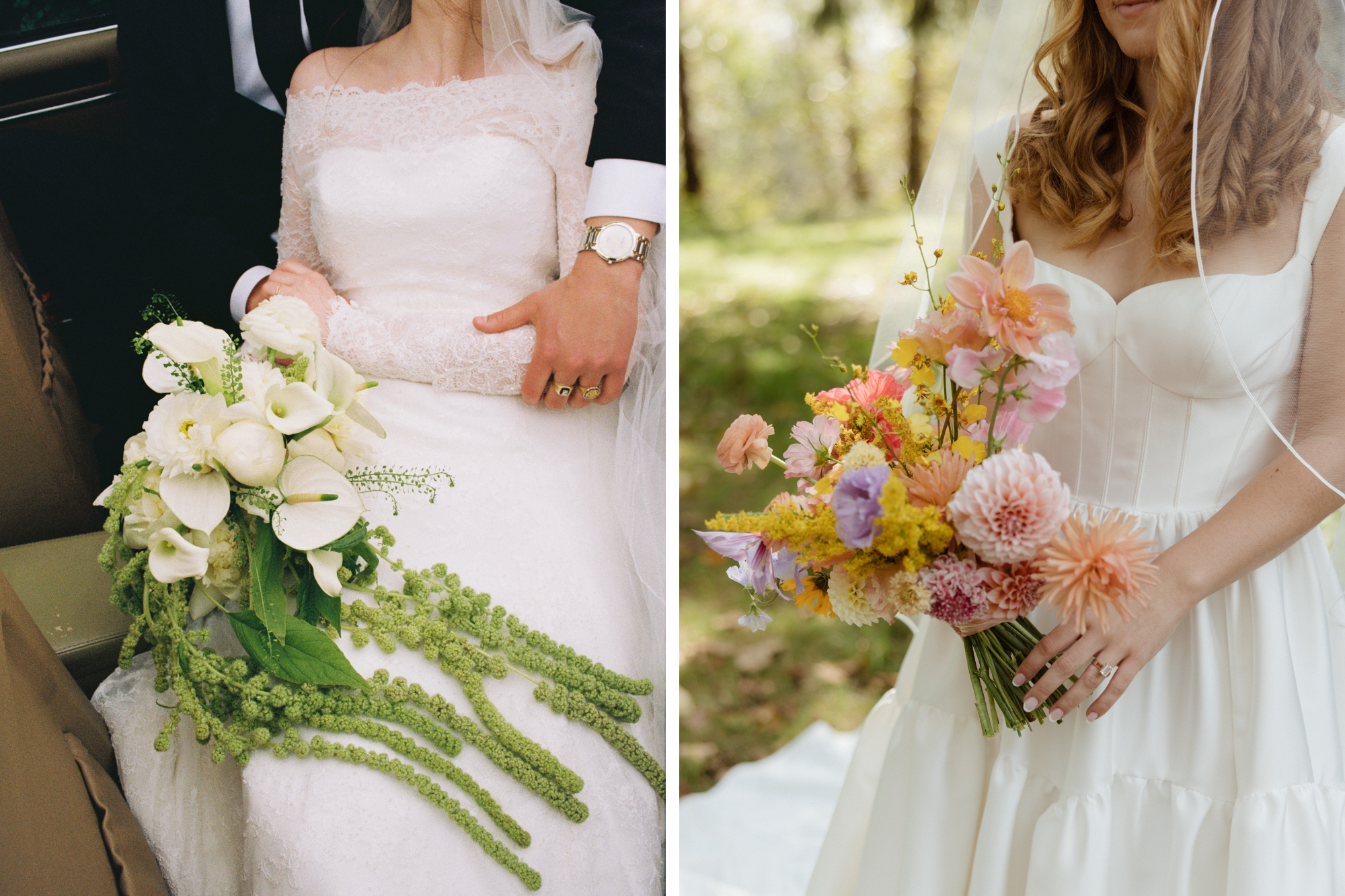 Brides holding colorful and vibrant flower bouquets with long strands of foliage against simple wedding dress designs.