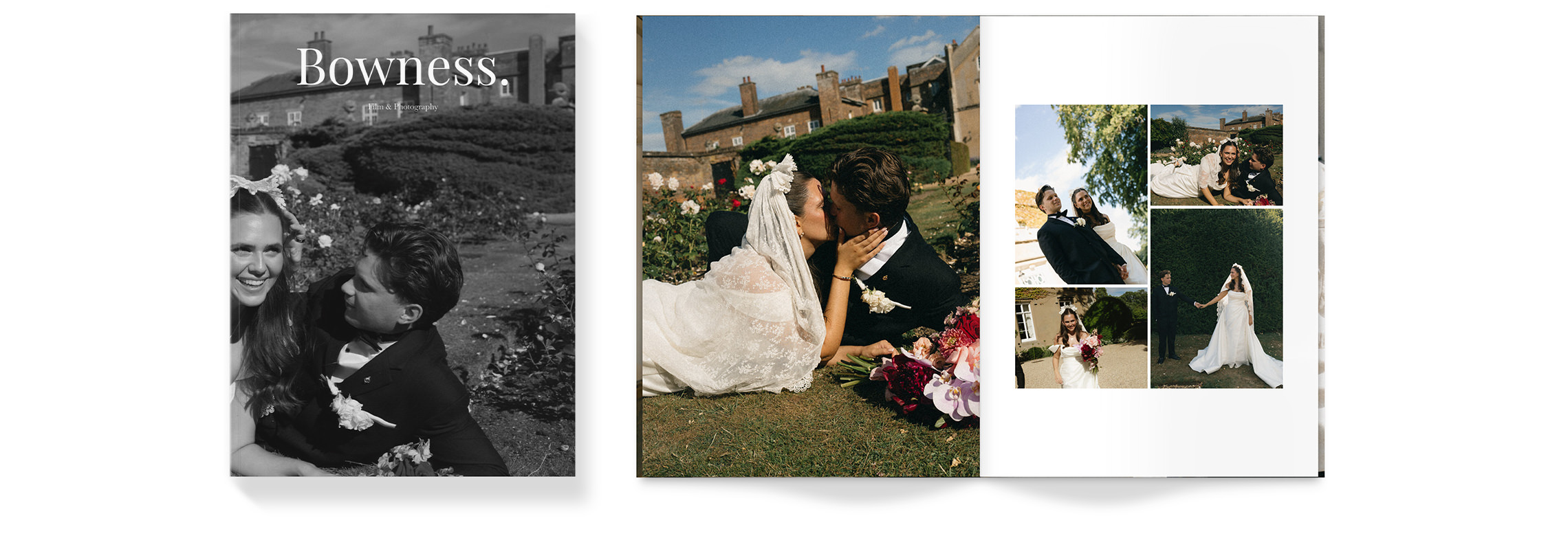 Newlywed couple kiss amongst flowers from bouquet while lying on grass.