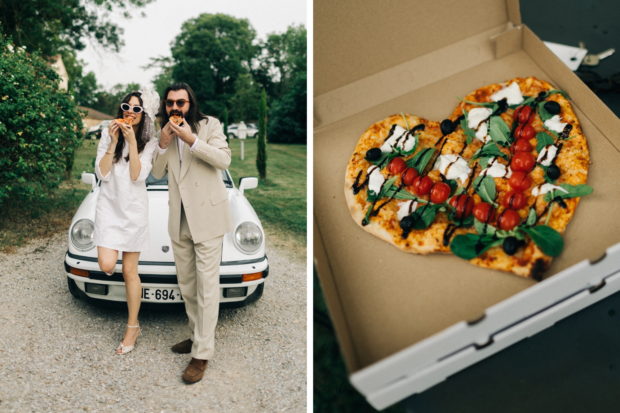 Couple on wedding day eating pizza