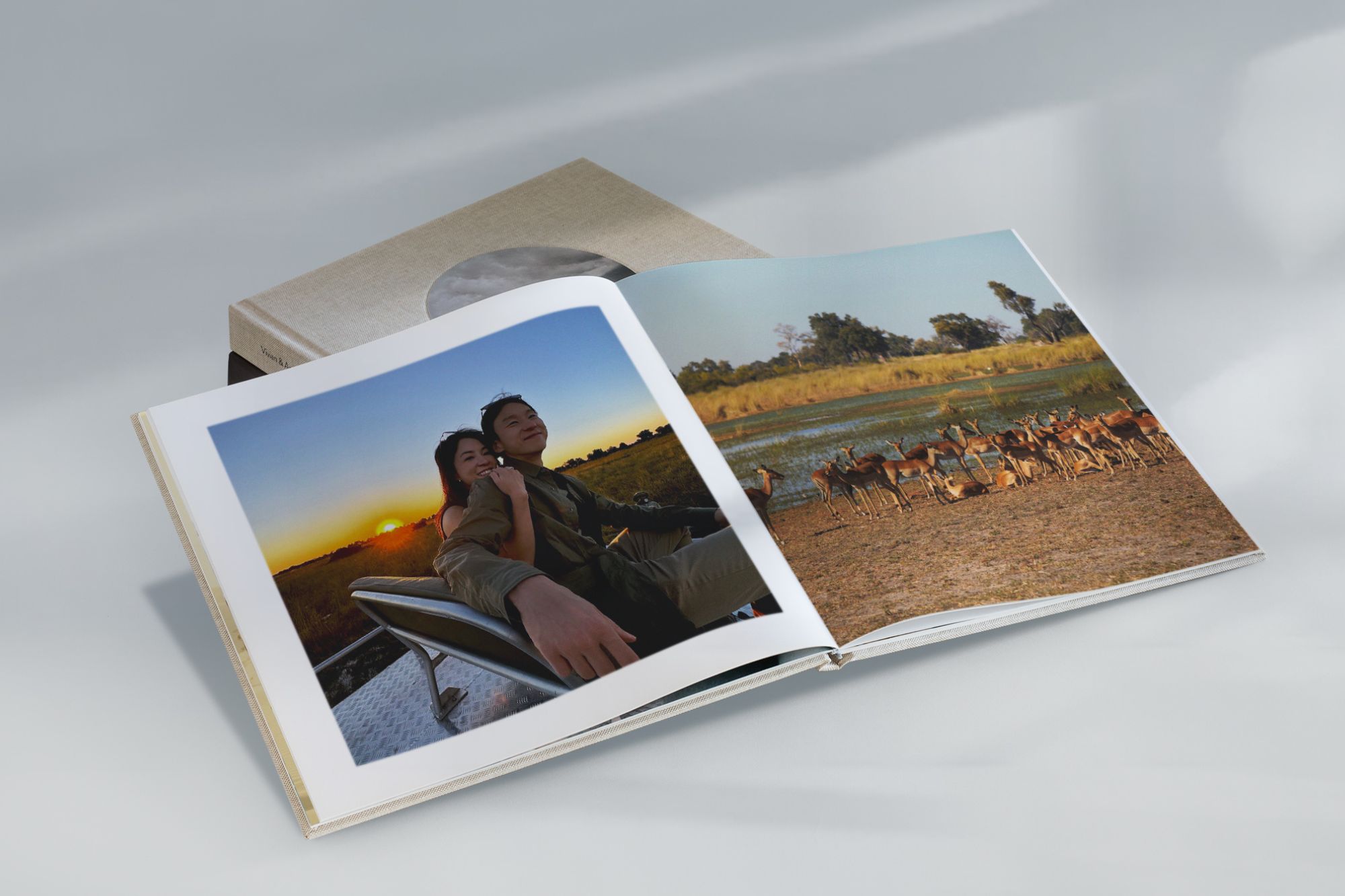 Couple on a honeymoon selfie on a book with wild animals
