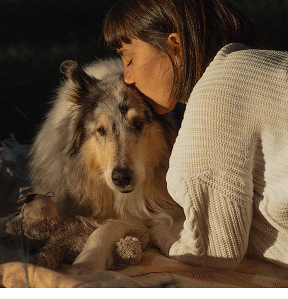 Woman kissing Australian shepherd dog's head.