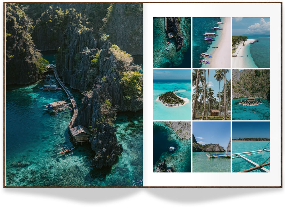 Open Portrait Premium Photo Album featuring travel photos of tropical island.