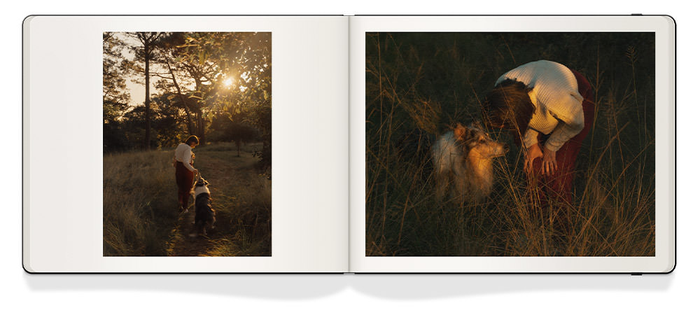 Open Square Moleskine Photo Book of a woman and her dog running through a field at sunset.