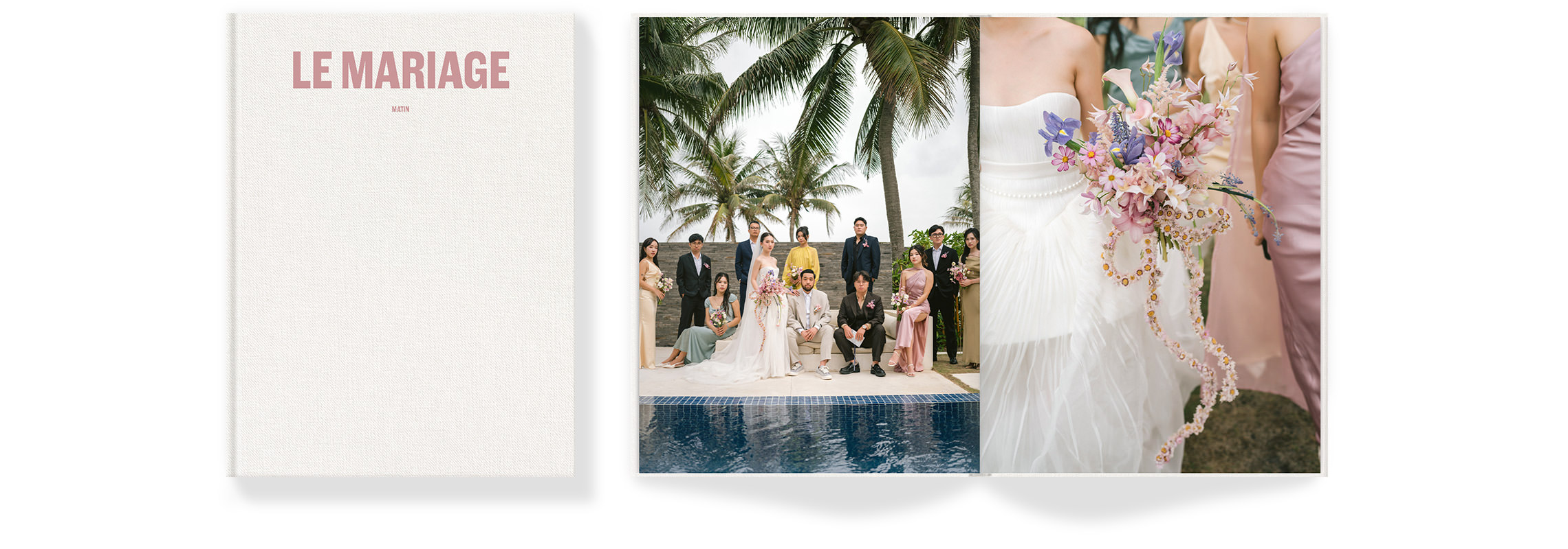 Open Photo Book of wedding photos by a poolside.