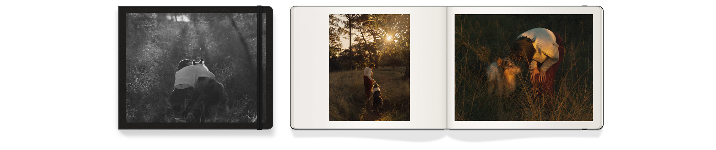 Open Square Moleskine Photo Book of a woman and her dog running through a field at sunset.