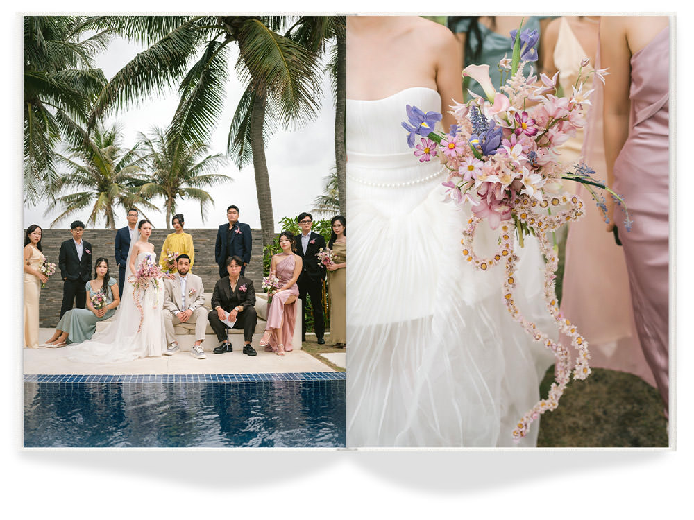 Open Photo Book of wedding photos by a poolside.