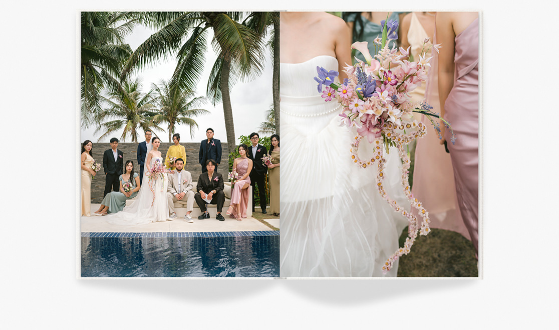 Open Photo Book of wedding photos by a poolside.