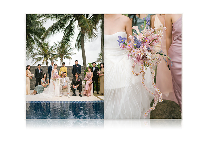Open Premium Portrait Photo Book of wedding photos by a poolside.