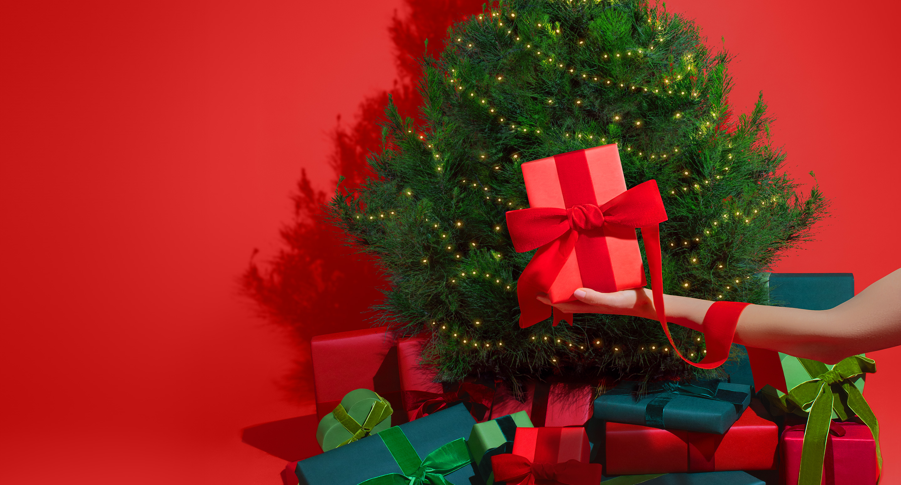 Tenant un cadeau emballé d’un ruban rouge devant un sapin de Noël illuminé de lumières LED chaudes.
