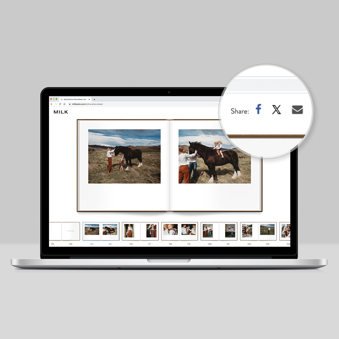 Open laptop showing screen of MILK Online Photo Book displaying a finished preview of a Premium Photo Book project.