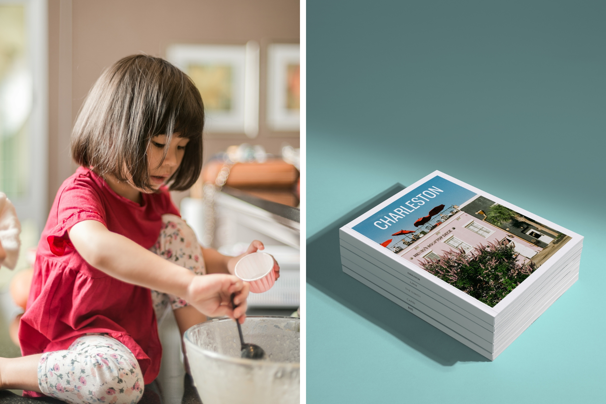 Kid making cupcake and mini magazines by side