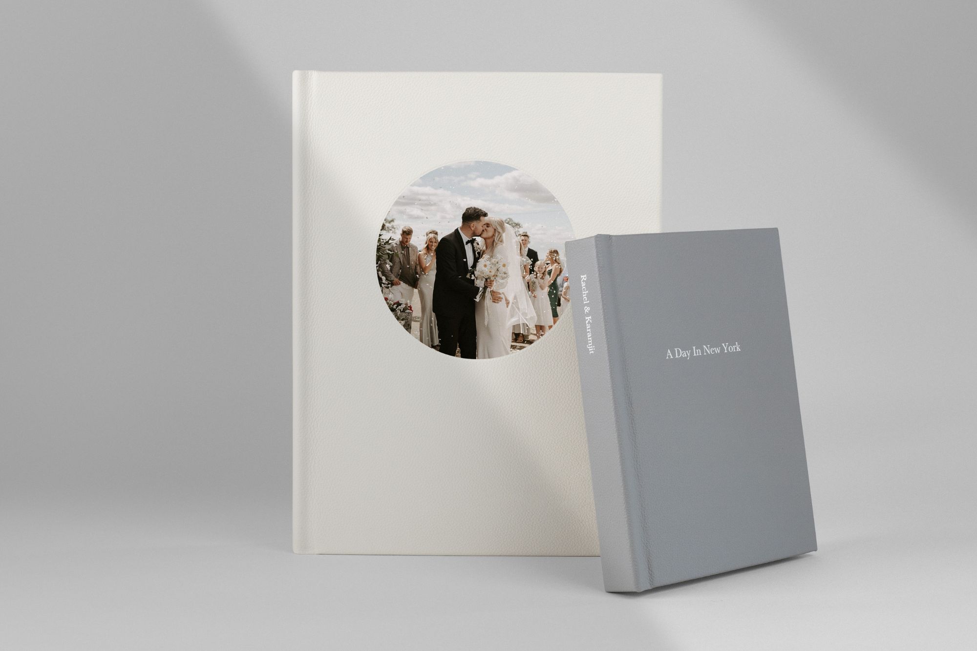 Classic white and grey leather photo albums
