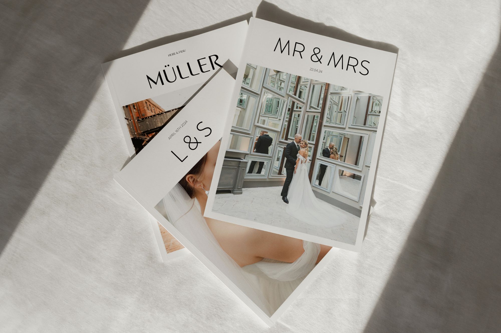 photo of wedding magazines on linen fabric