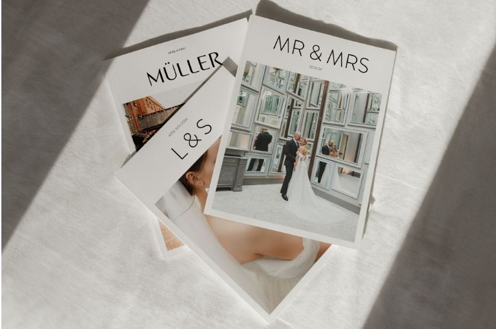 photo of wedding magazines on linen fabric