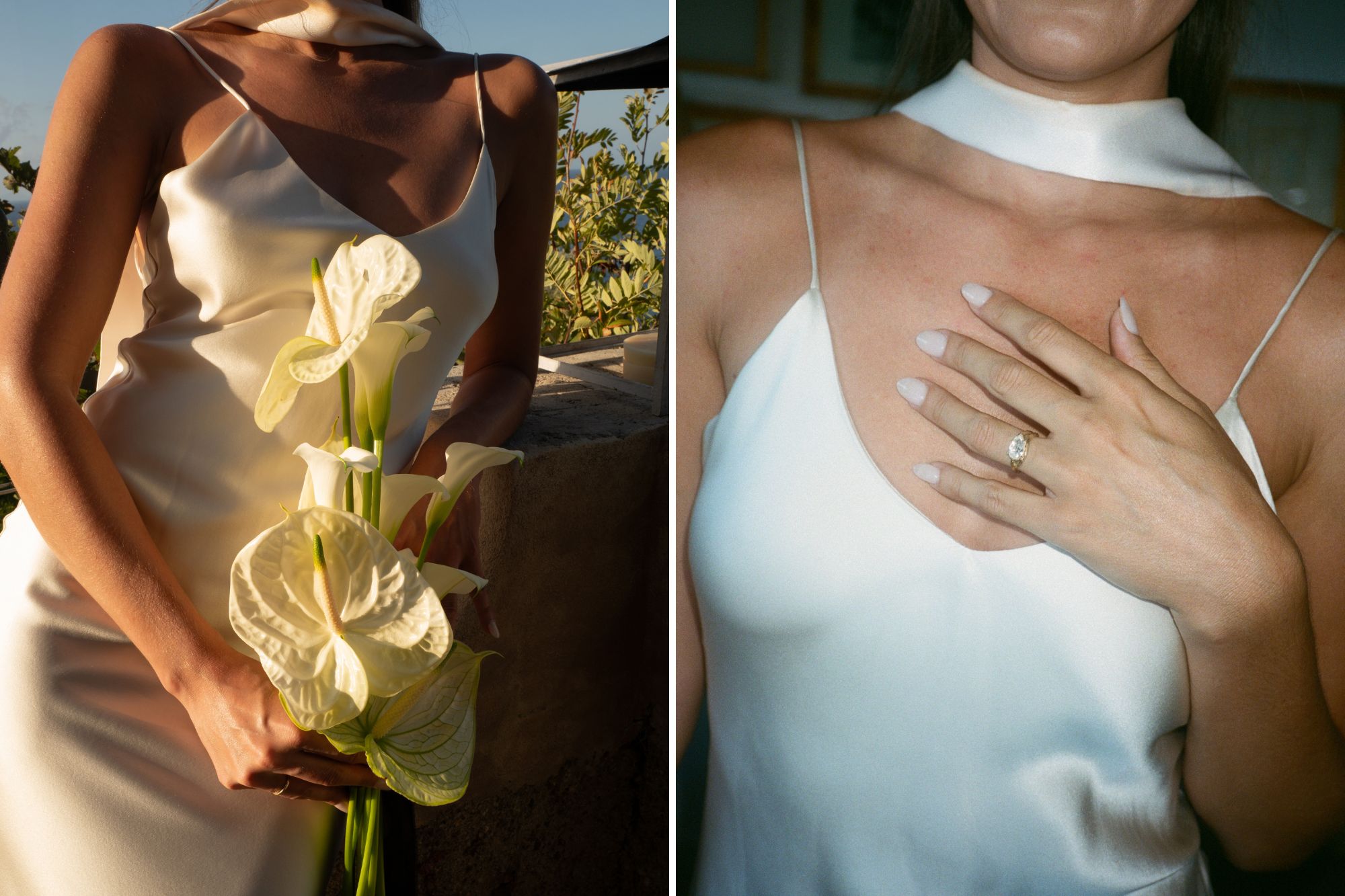 Dresses that are silky and holding flowers