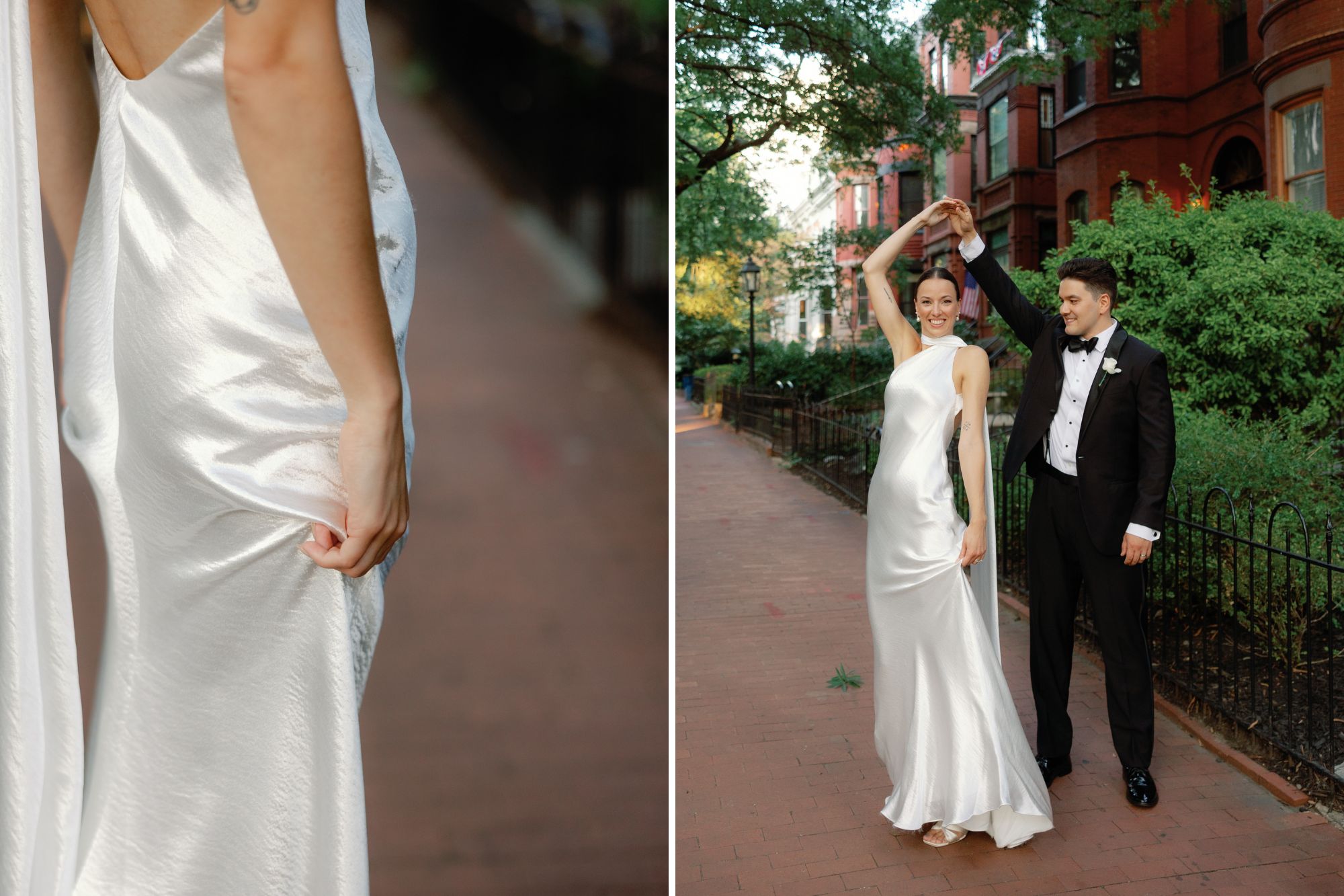 Woman in silky dress getting turned