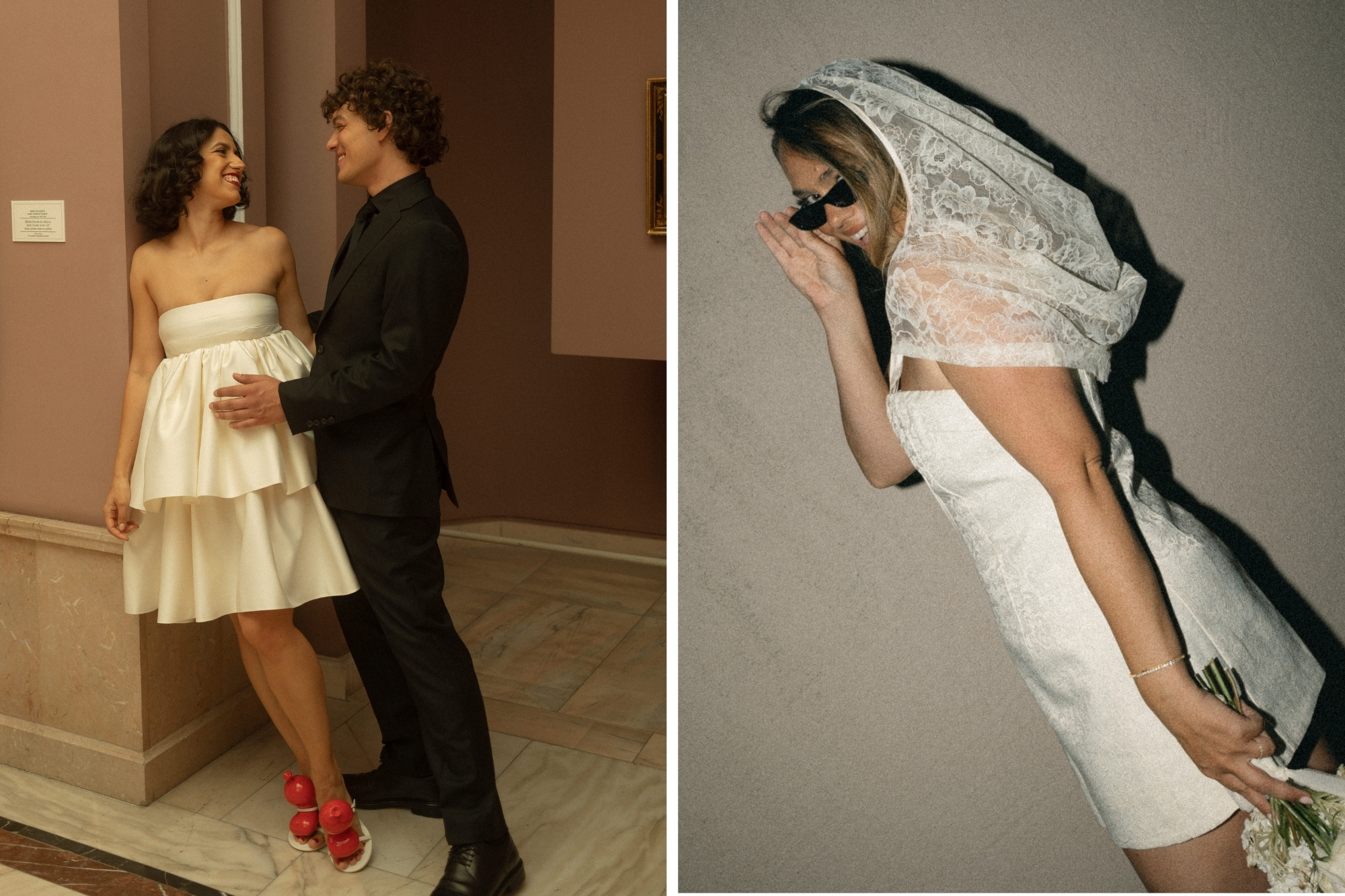 Bride wears bright toned shoes with mini, strapless dress.