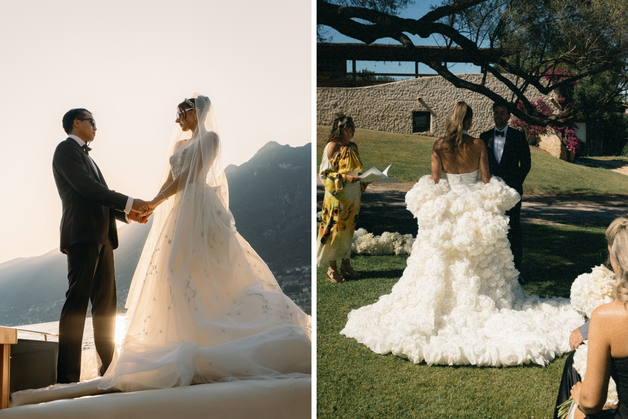 Luxurious wedding dresses with long trains and intricate bead and ruffle detailing.