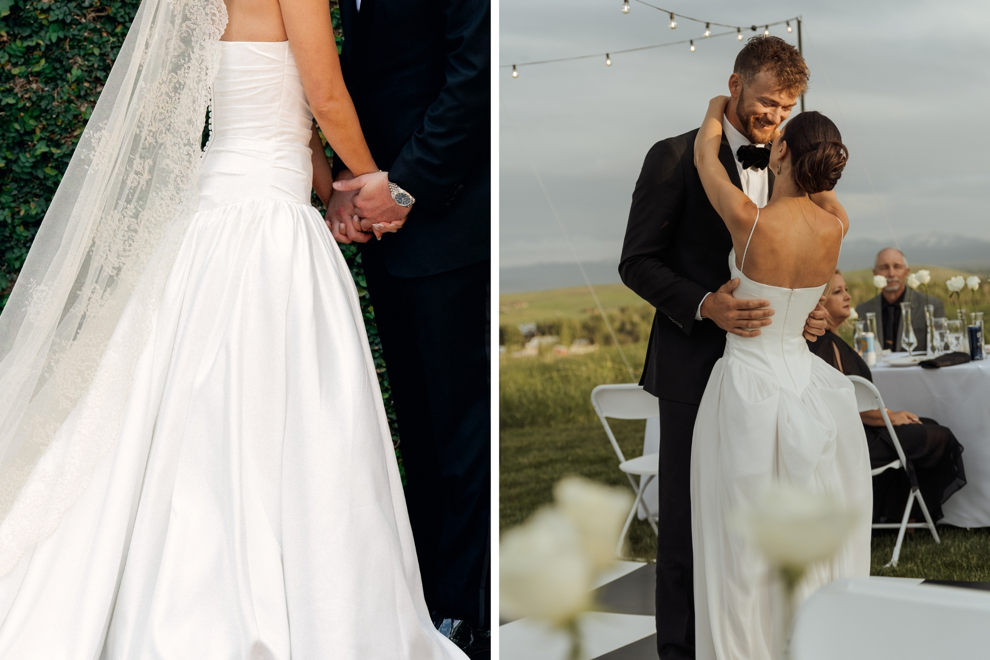 Bride and groom dance together at outside reception.