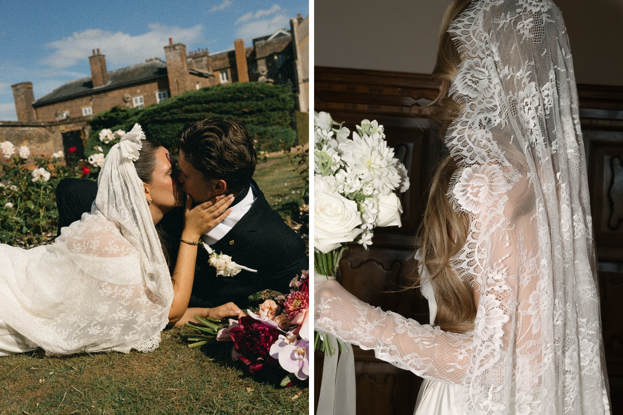 Bride and groom kiss. Bride wears intricate lace Italian veil.