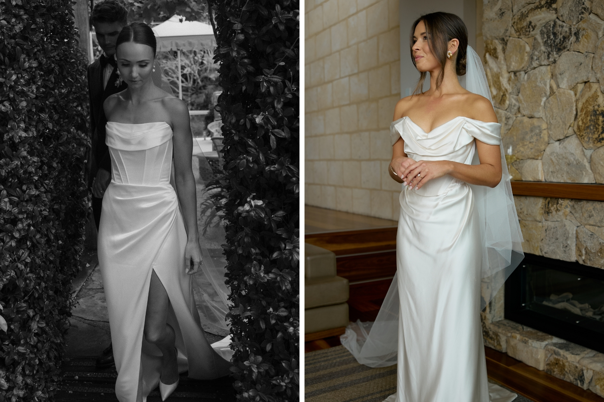 Brides wear modern, slim fit, strapless corset dress with mid length veil.
