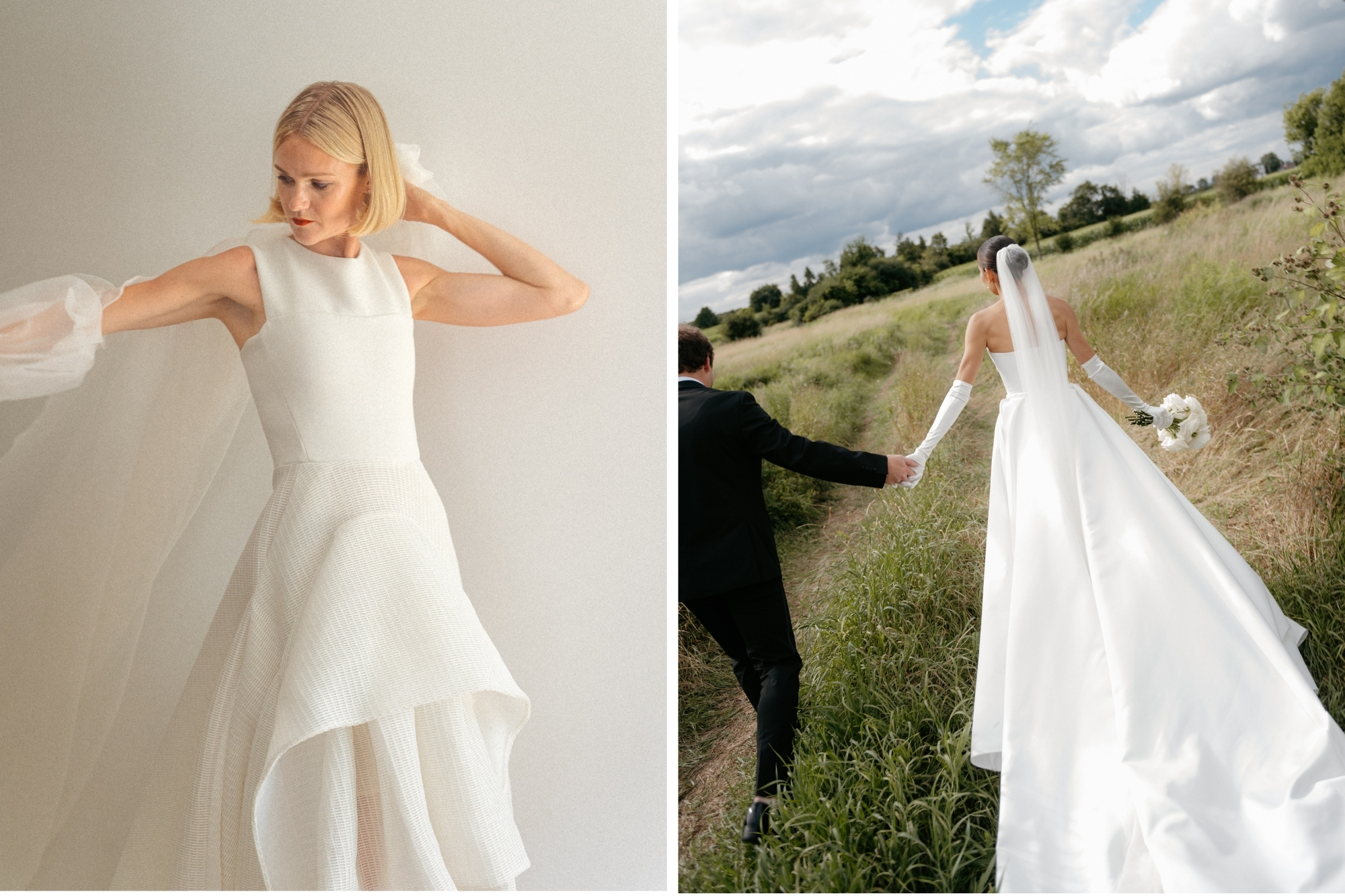 Brides with modern, simple dresses with peplum waists and mid length veils.