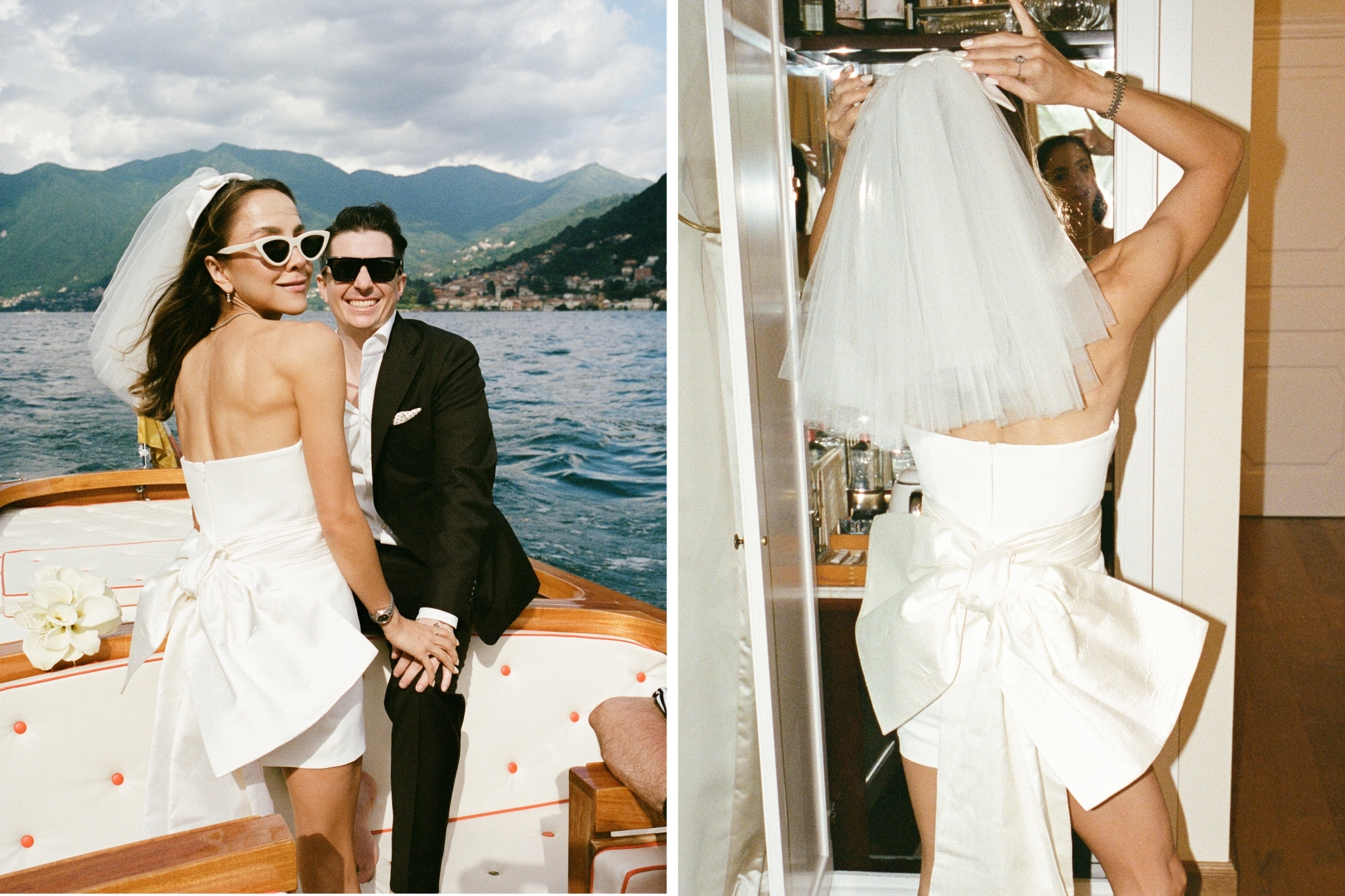 Brides wearing mini dresses with large bows attached on back of skirt.