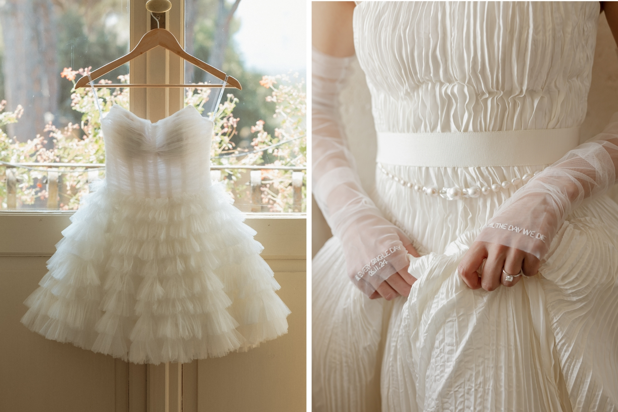 Two strapless wedding dresses with intricate chiffon ruffles.