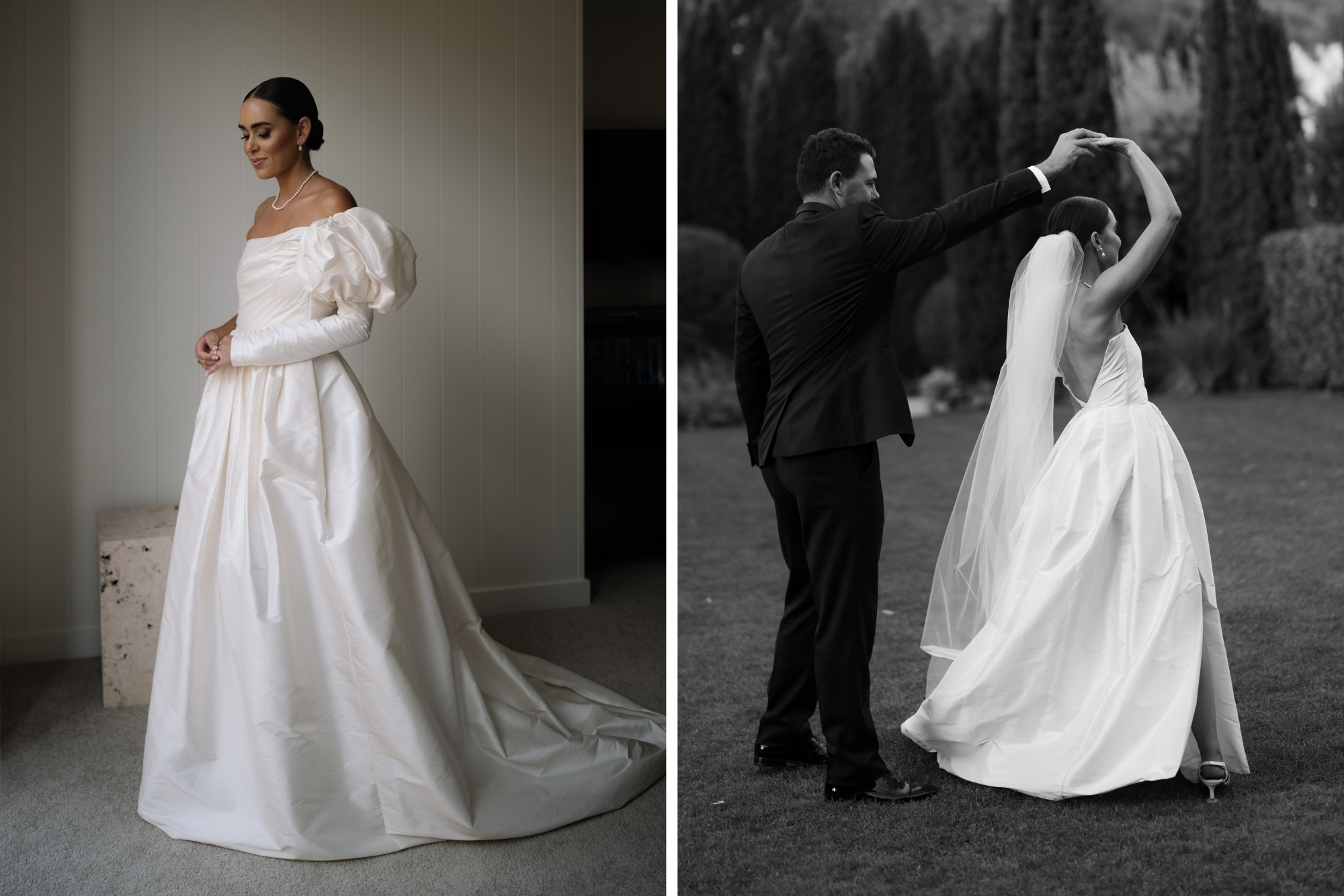 Brides pose for photo in unique off the shoulder dress with bubble sleeve and long train.