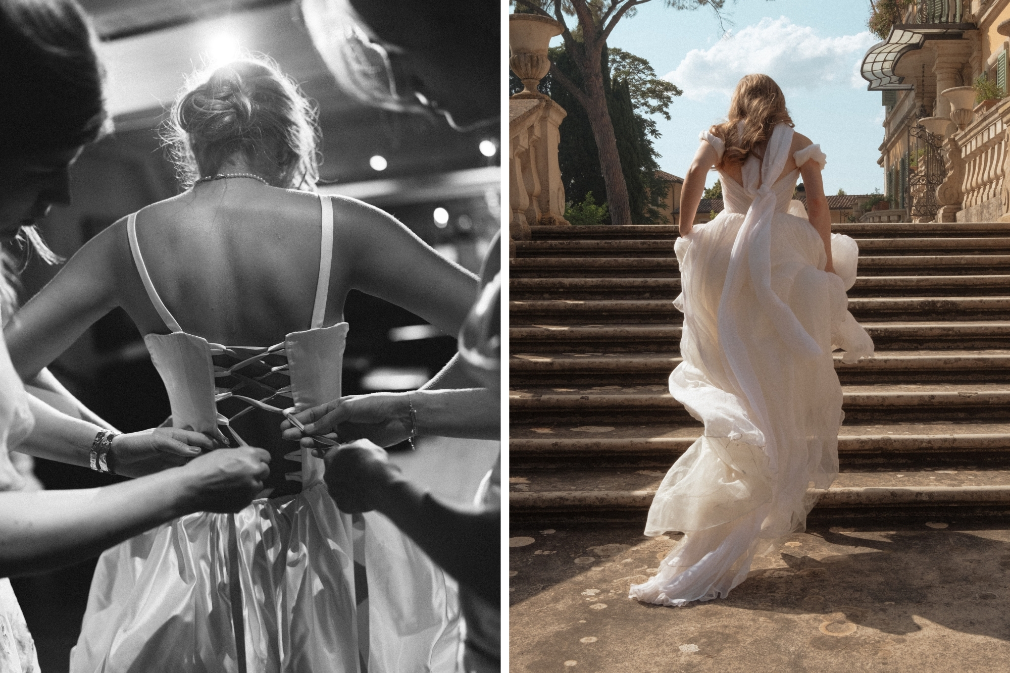 Bride stands as bridesmaids assist pulling corset ties together on back of dress.