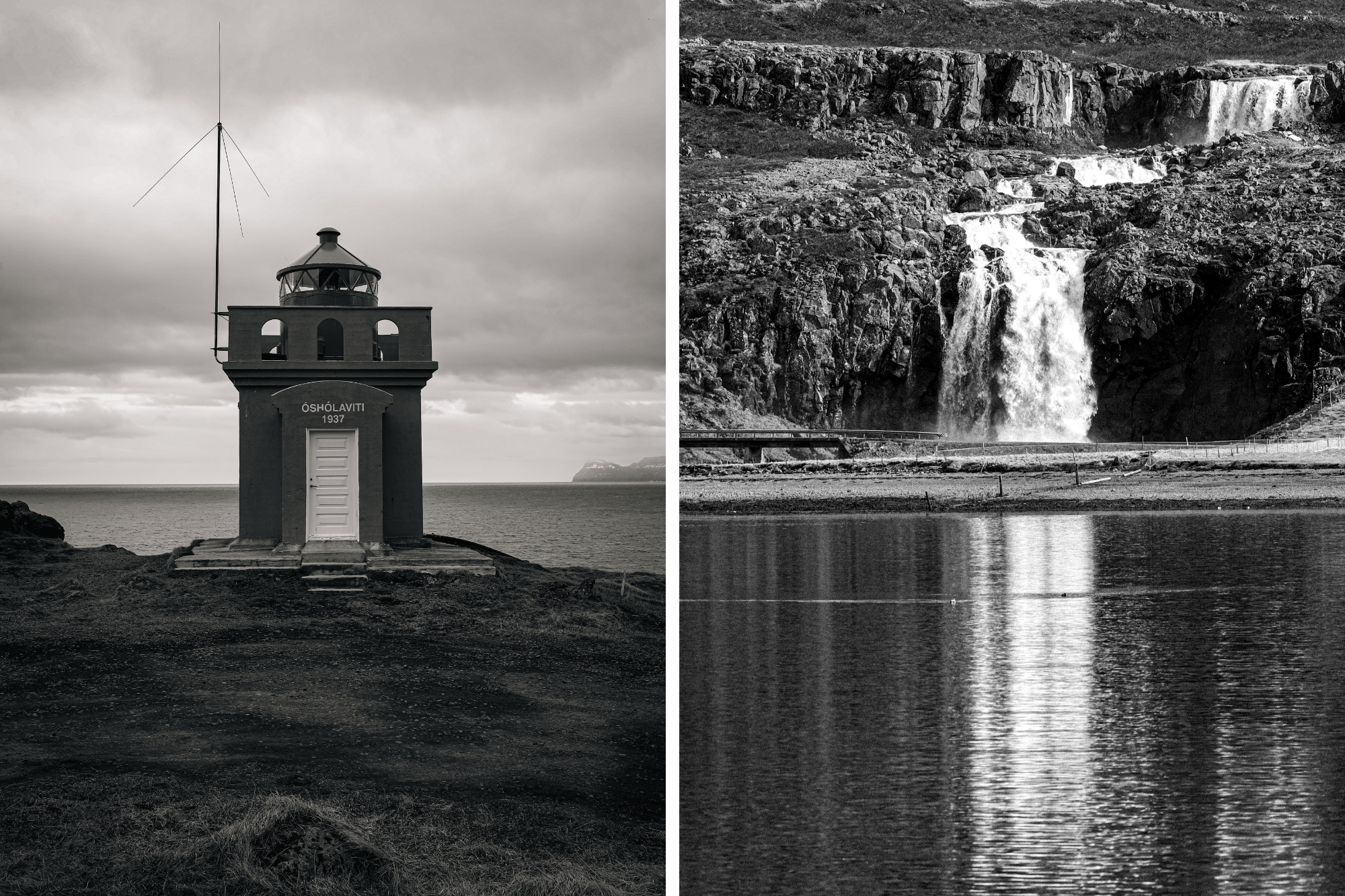 Black and white photos of Icelands cold waterfalls and lakes.