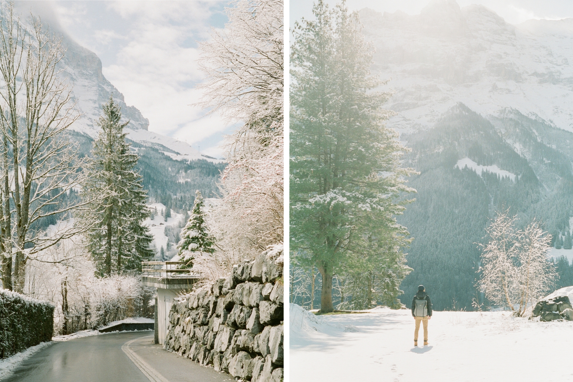 The Swiss Alps lining the background of a snowy covered road.