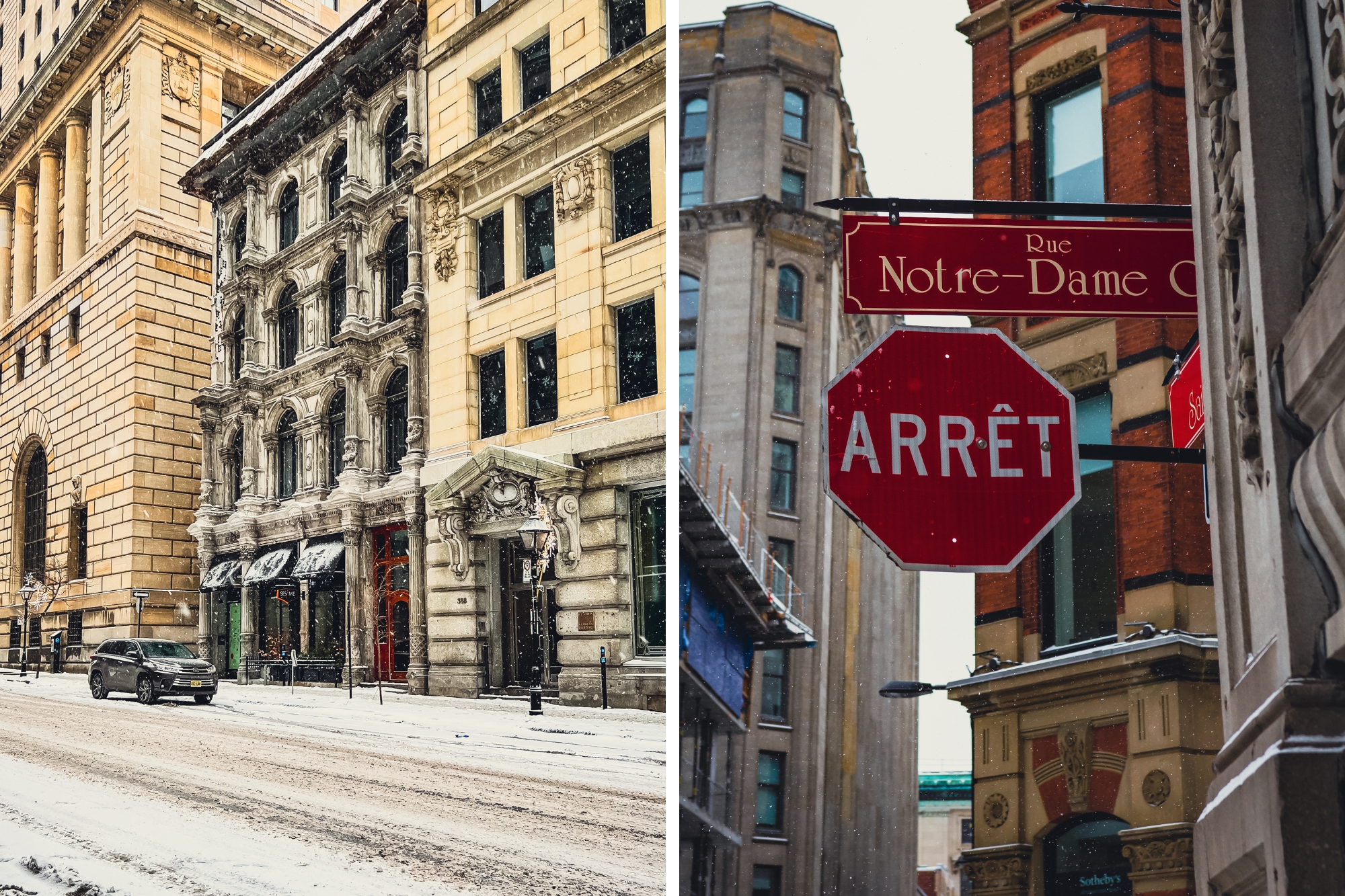 Snowy road in Quebec City with historic city buildings lining the streets.