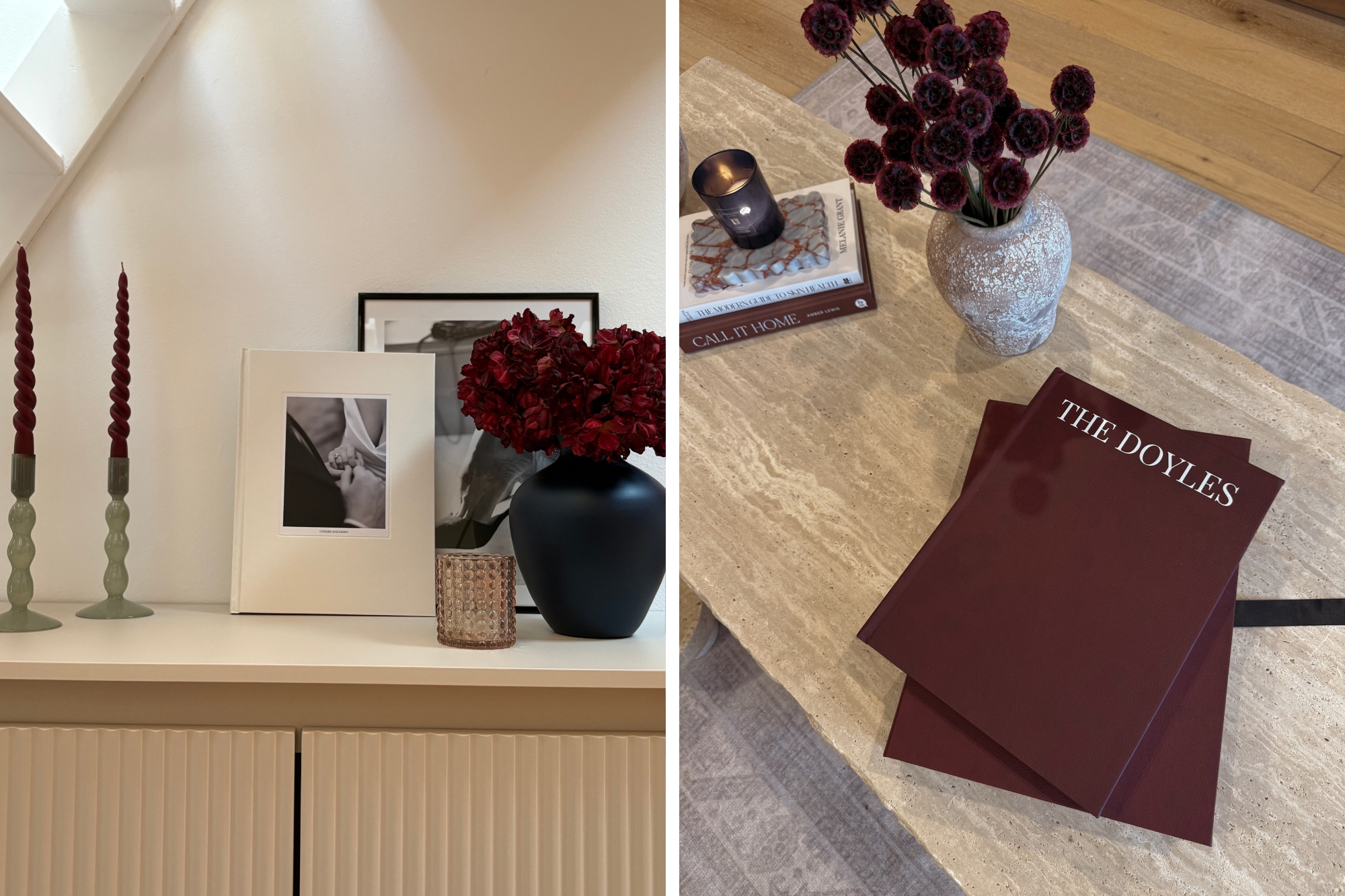 two images. first is of a table with candles and photographs. Second is two photo books on marble surface