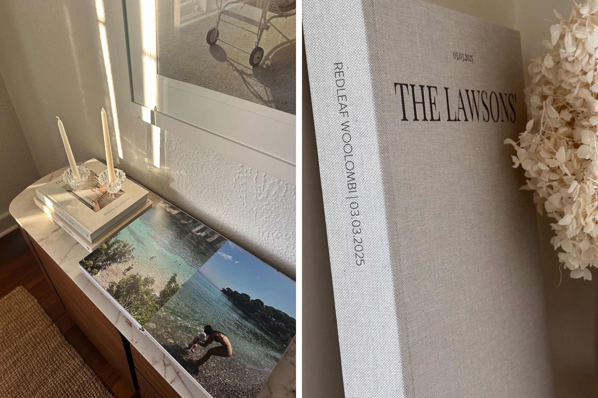 Large scale photo books on a marble table