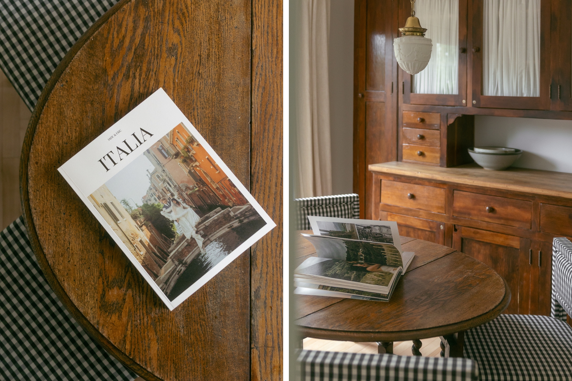 magazine photo books on rustic wooden table